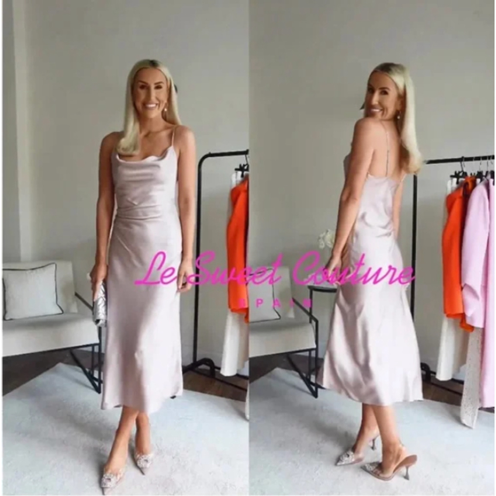 Zara Pink Cowl Neck Ruched Midi Slip Dress S - Picture 3 of 6